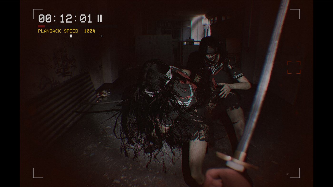 DEADCAM screenshot: two long-haired figures lunge down a ruined school corridor toward the player, who raises a katana