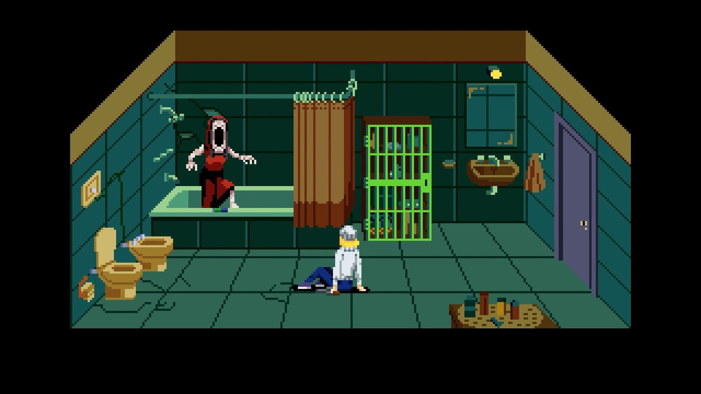 Tenebris Somnia screenshot: pixel-art bathroom scene, a screaming figure in red rises from a bathtub while the protagonist falls to the floor